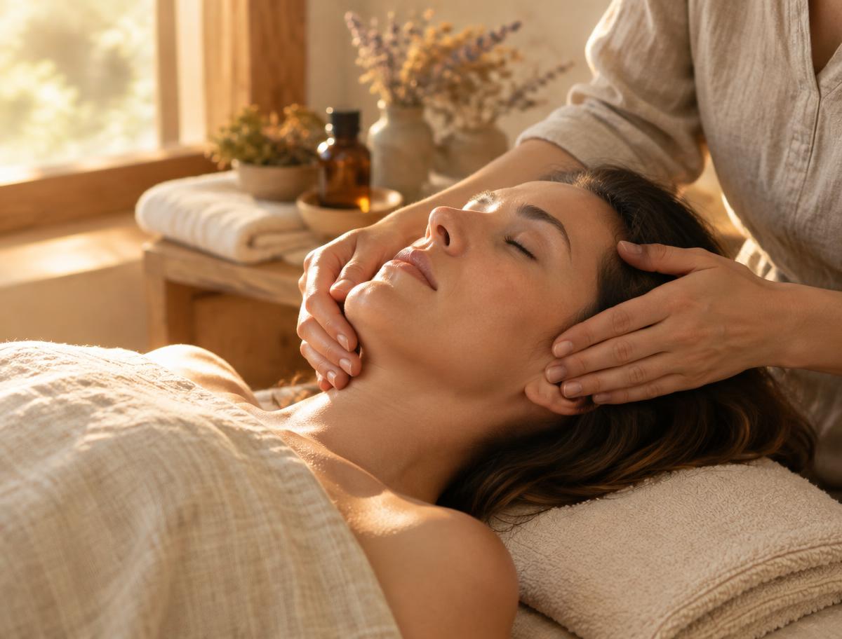 Practitioner gently releasing jaw and temple muscles during acupuncture treatment for TMJ jaw pain in Calgary