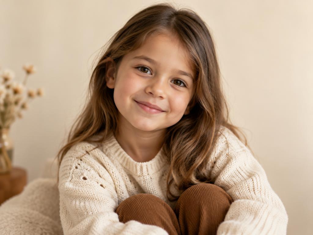 A young child sitting calmly in soft natural light