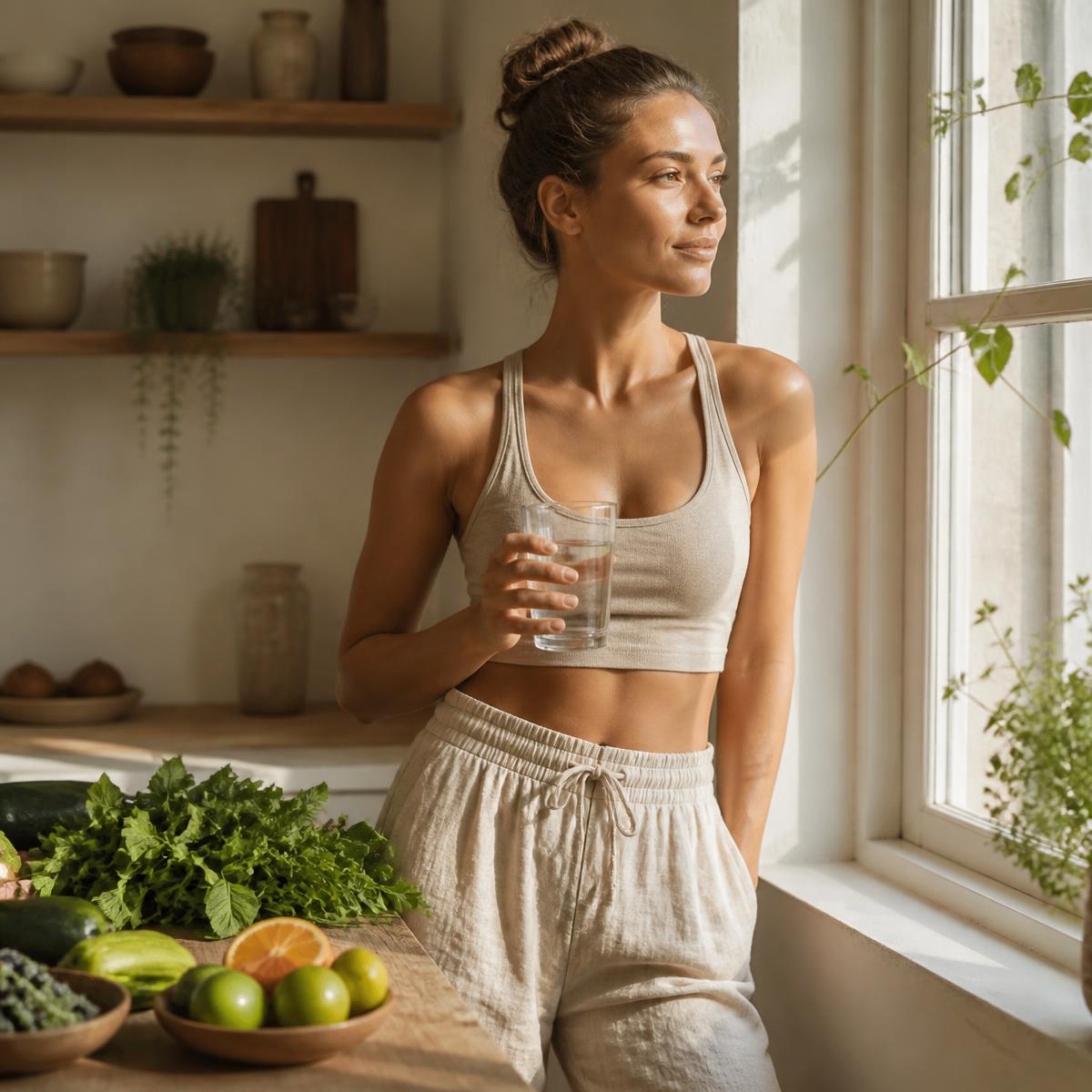 Healthy woman with fresh vegetables and water in a sunlit kitchen